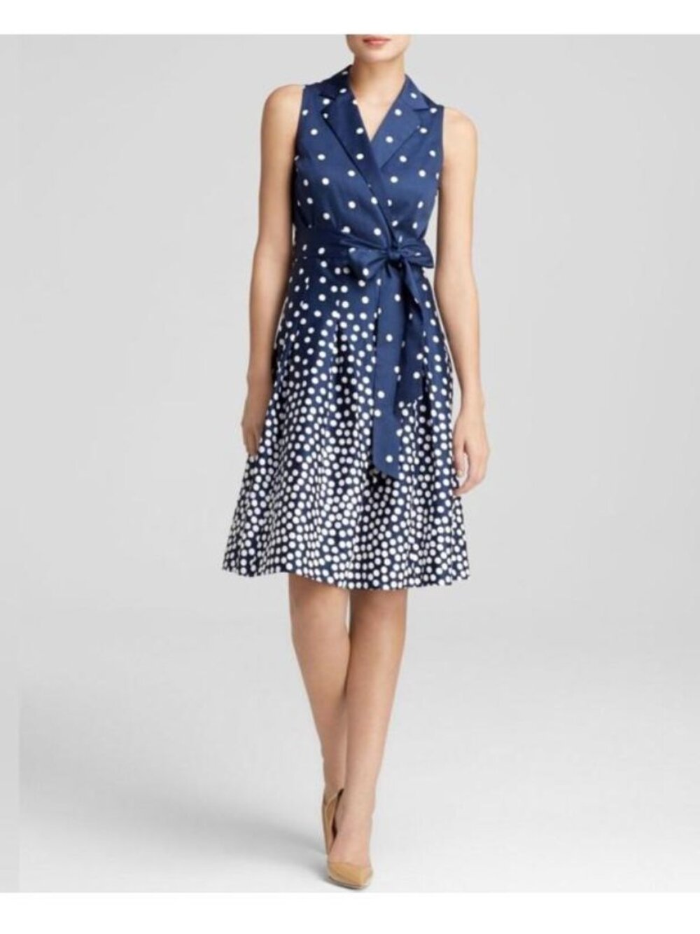 Anne Klein Navy Blue Polka Dot Faux Wrap Dress 6 - Picture 2 of 11